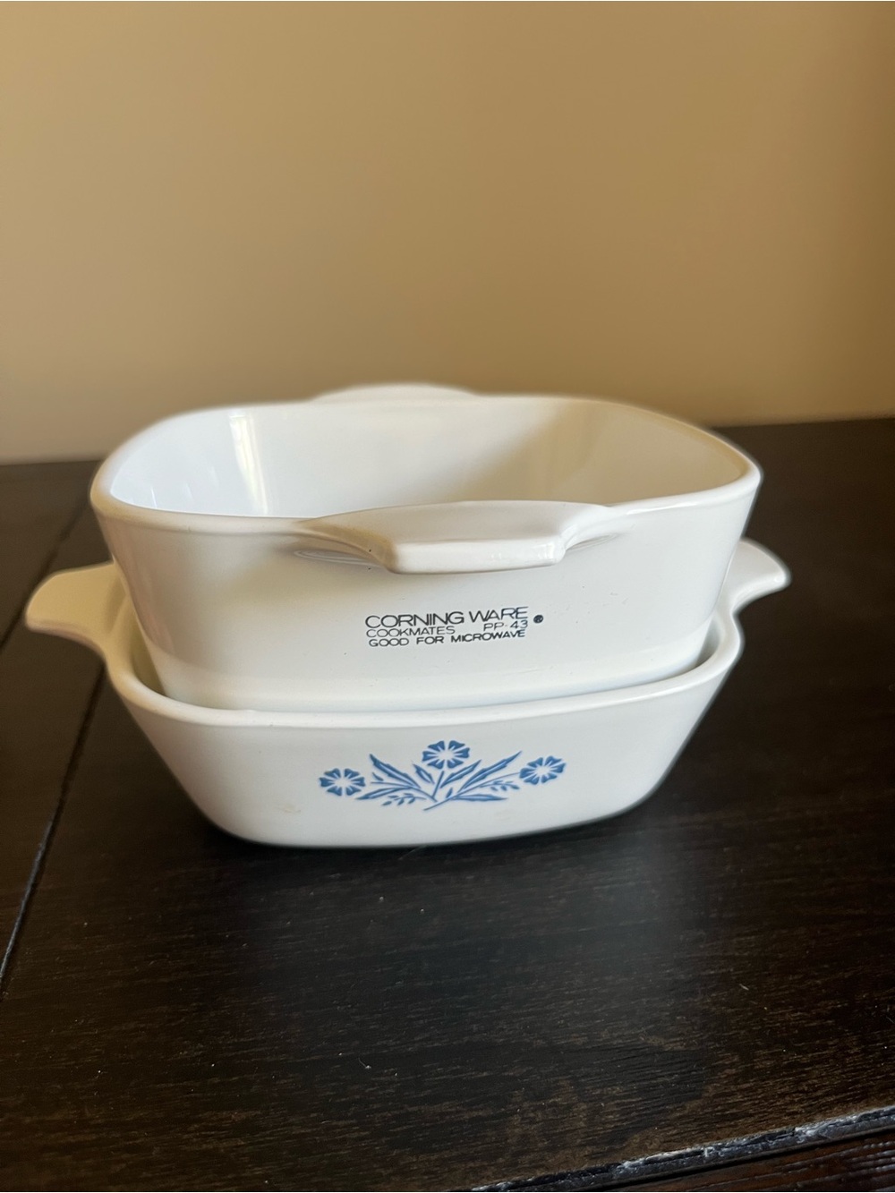 2 Corningware White Ceramic Casseroles with Blue Floral Pattern